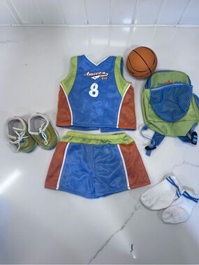 American Girl Julie 18" Doll Basketball Outfit Shorts Jersey Shoes Ball And Bag